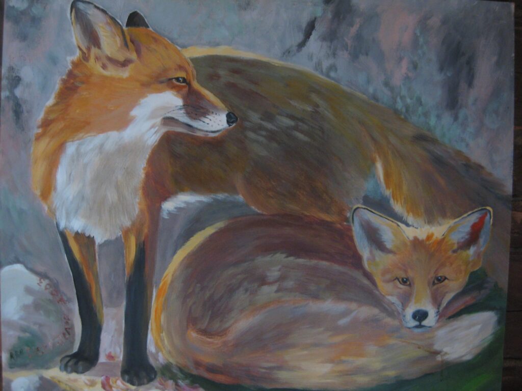 kettukallio-maalaus Painting of two foxes at Kettukallio